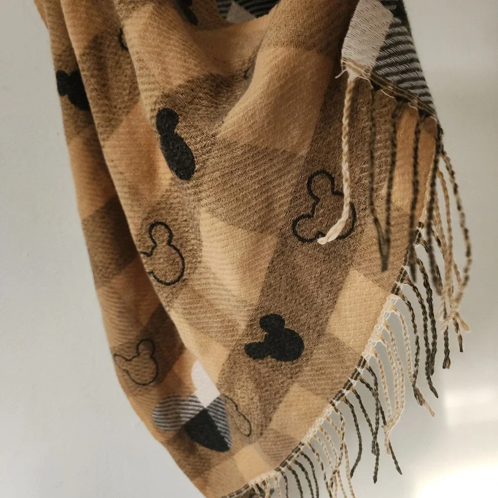 NWOT Mickey Mouse Brown White Black Plaid Scarf Fringe Classic